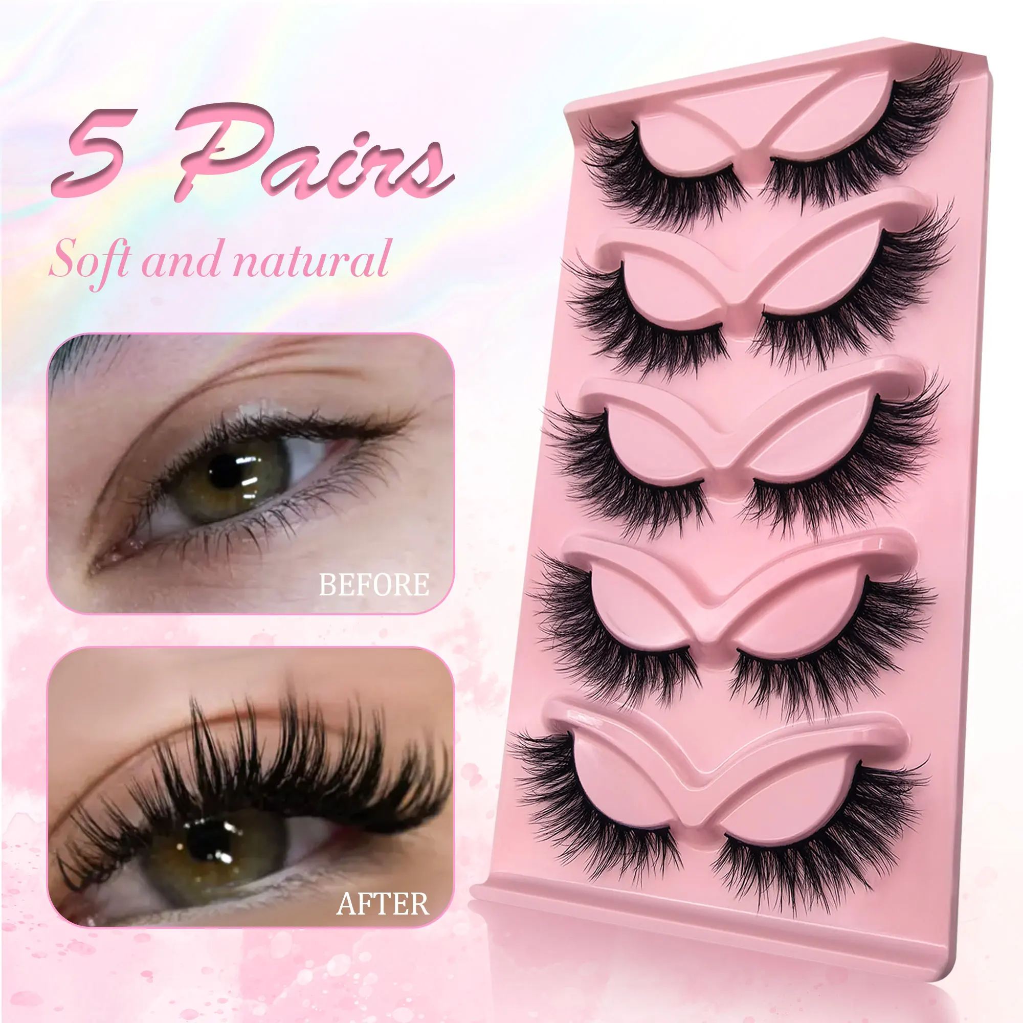 5 Paar dicke, katzenaugenartige falsche Wimpern - lang, voluminös, 3 Wimpern, geeignet für den Alltag und Verabredungen. – Detail 5