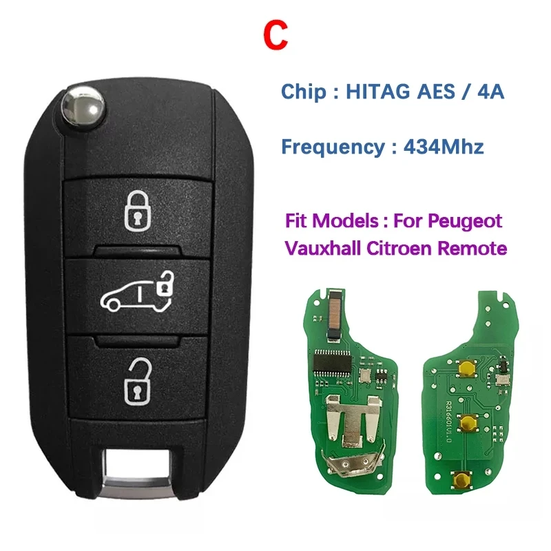 CN009052 For Peugeot flip key 4A Chip 3008 Expert 2017-2019 Citroen HUF8435 433 MHz Remote 3 Button Smart Key Trunk/Light Button