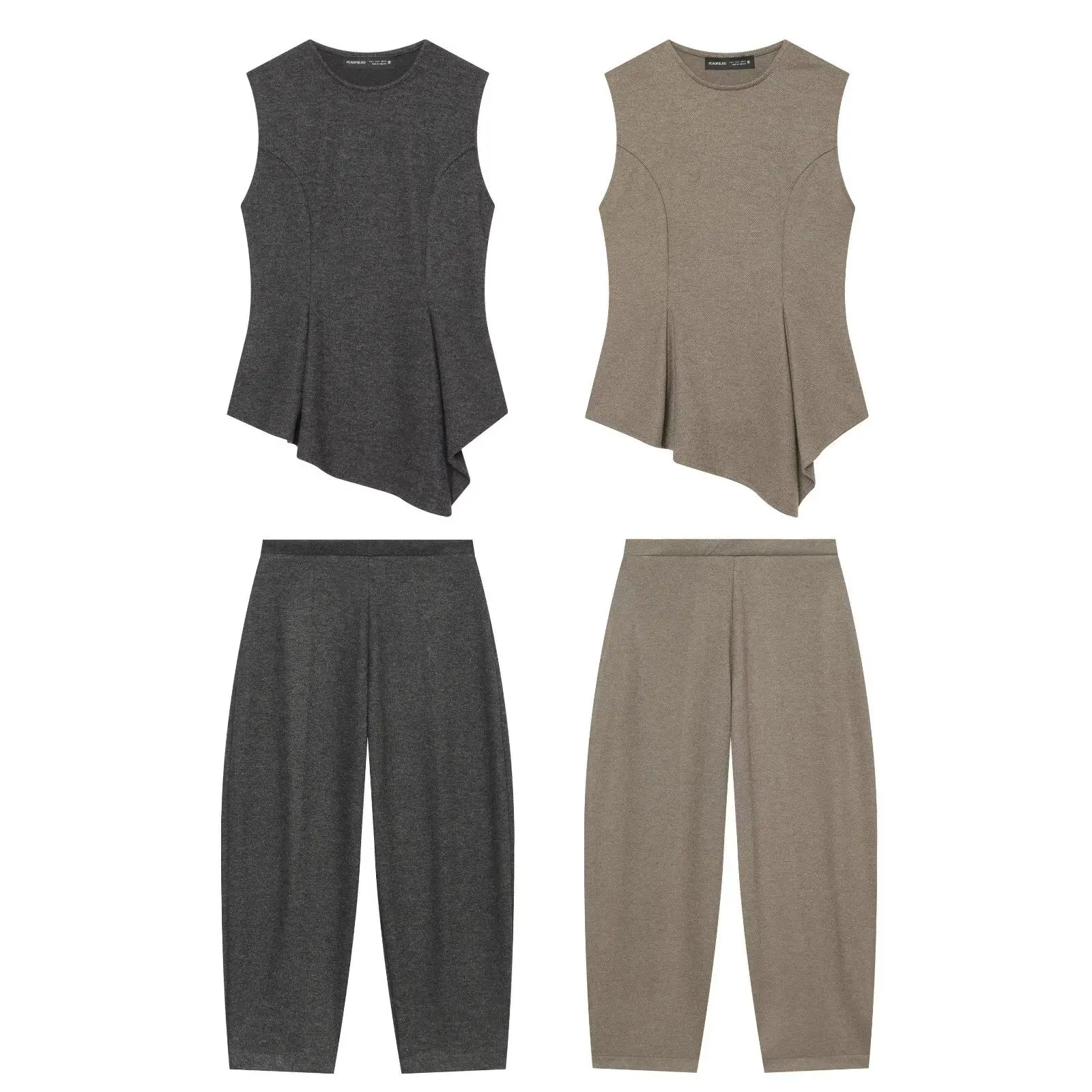Womens Minimalist Asymmetric Sleeveless Blouse And Long Pants Two Piece Set Casual Solid Color Workwear Matching Outfit Sets