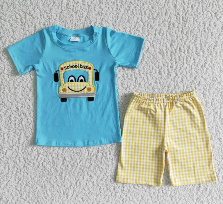 

New Fashion Baby Boys Clothes Back To School Bus Design Short Sleeve Shirt Shorts Sets Summer Kids Siblings Clothing