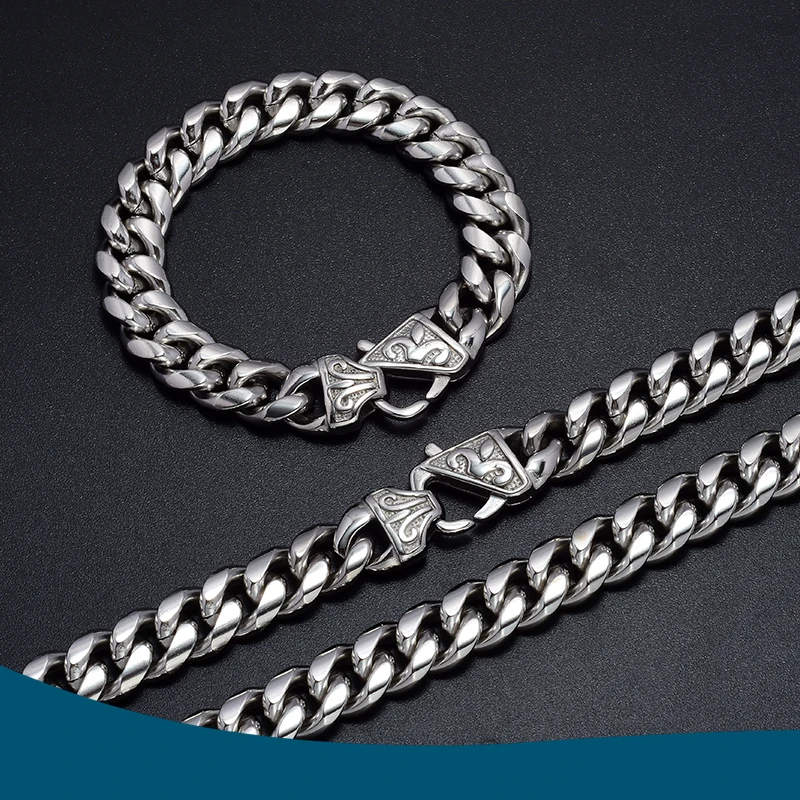 

12mm Thick Goldeneryy Cuban Chain Miami Stainless Steel Necklace Bracelet With Design Clasp - Miami Hip Hop Neck Chains For Men