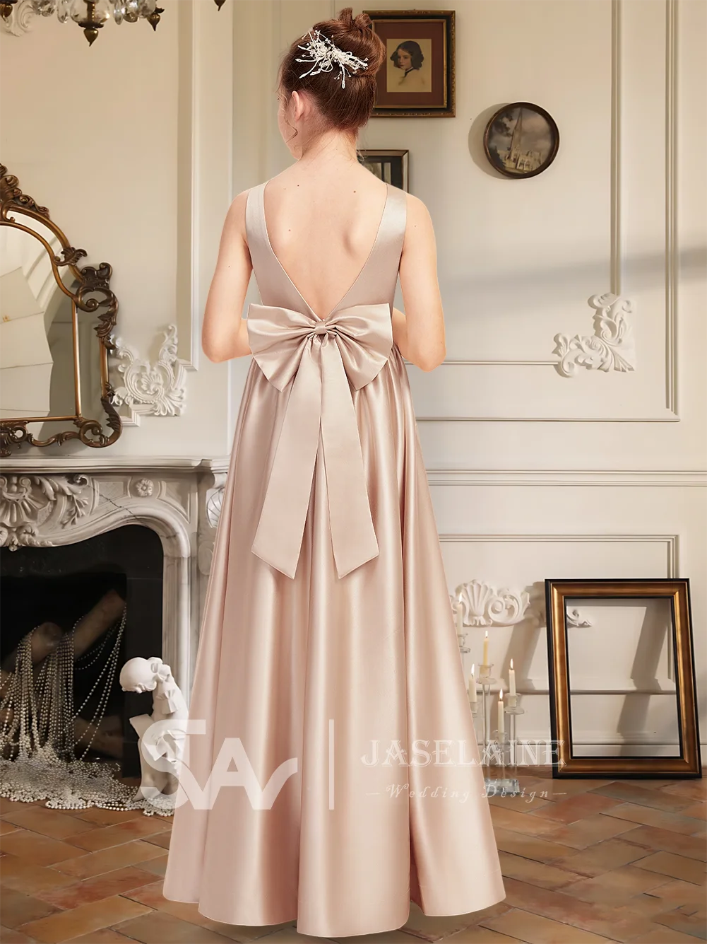 Elegante abito da damigella d'onore junior in raso con scollo a V e lunghezza al pavimento con fiocco Abito da ragazza di fiori per ragazze Festa di nozze formale