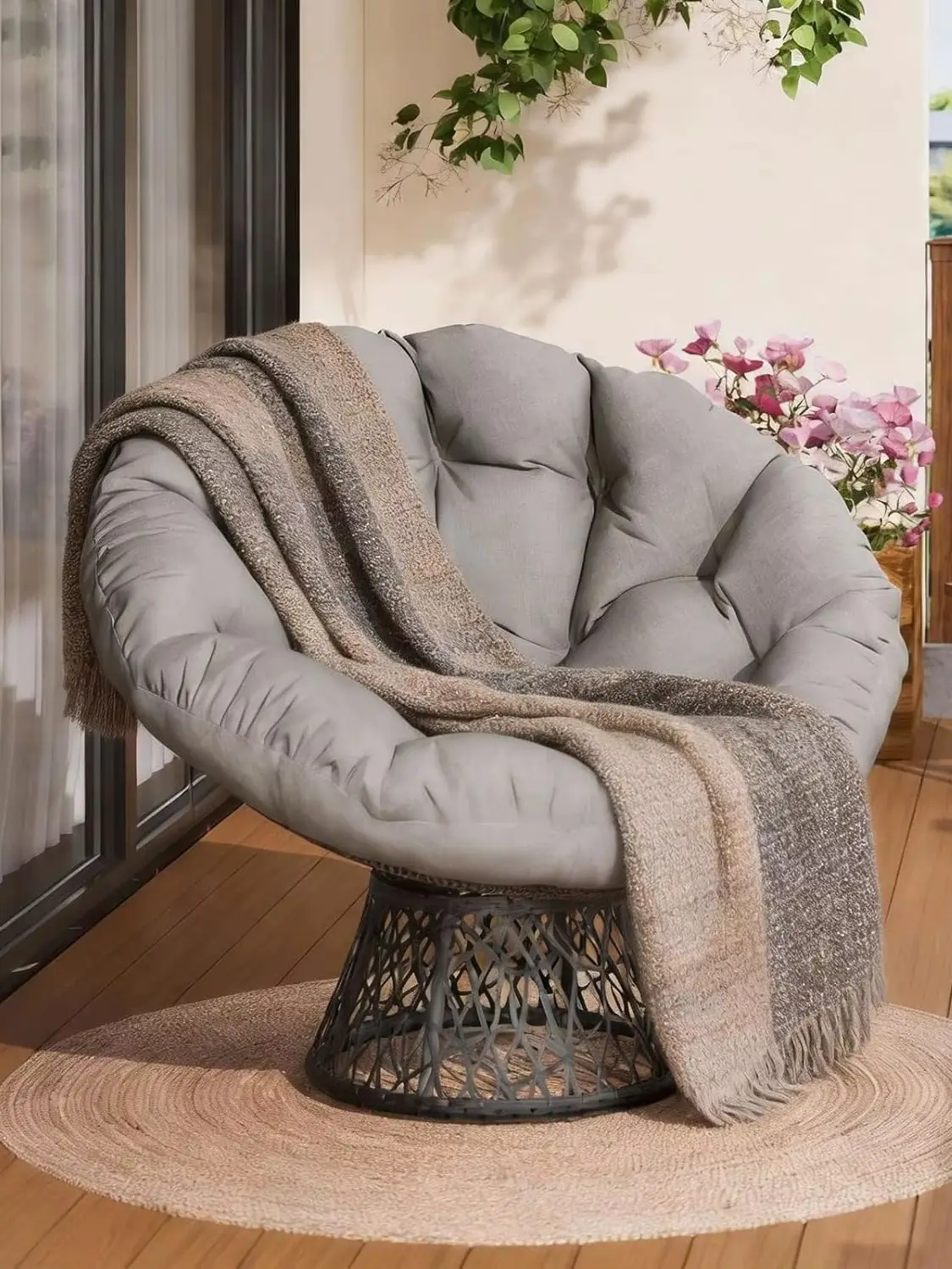 HiMISS Outdoor Ergonomischer Papasan-Stuhl aus Korbgeflecht mit extra dickem, weichem Stoffkissen, robustem Stahlrahmen 360 °   Drehbare Basis für Wohnzimmer, Terrasse und Balkon