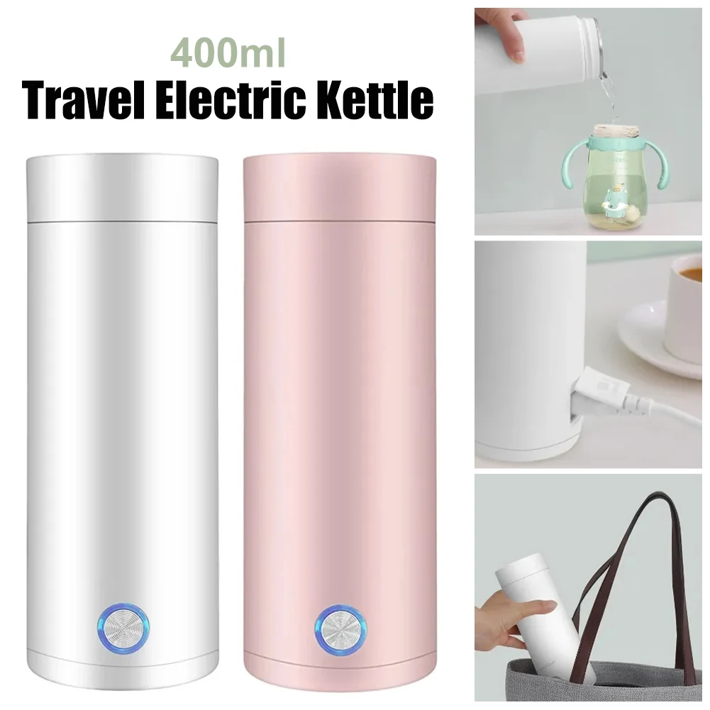 Travel Electric Kettle 400ml Stainless Steel Vacuum Insulated Cup Auto Off Electric Kettle Water Boiler Bottle for Tea Coffee