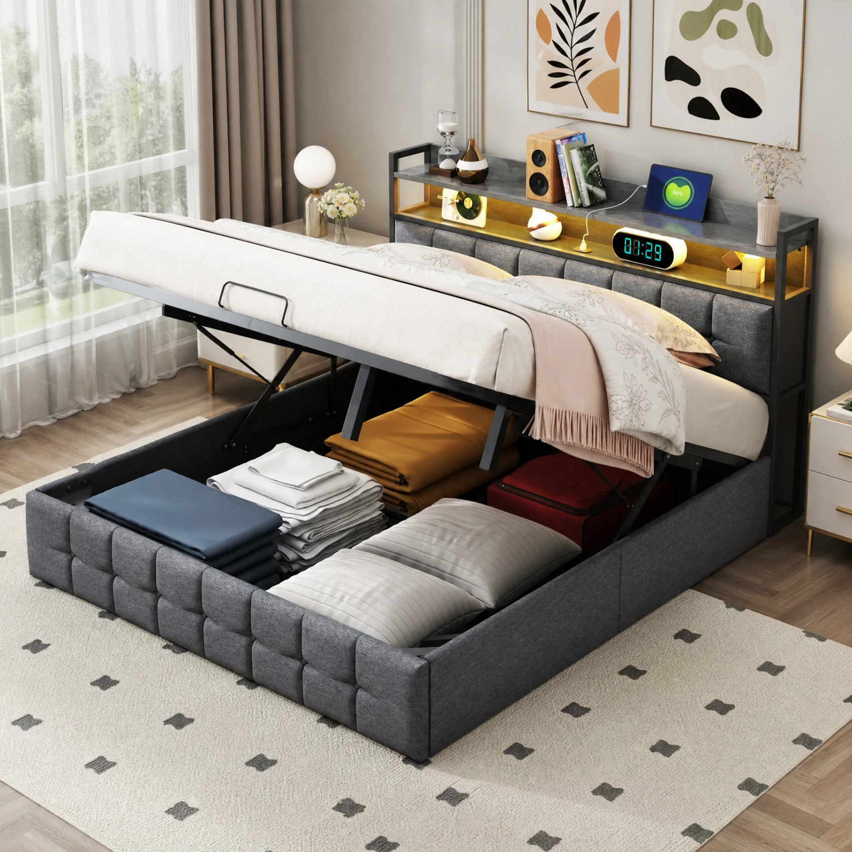 Letto imbottito Simurq, dimensioni 140 x 200 cm, con vano contenitore, letto matrimoniale, letto imbottito con testiera, letto con vano contenitore a scomparsa, struttura letto per adulti, tessuto in