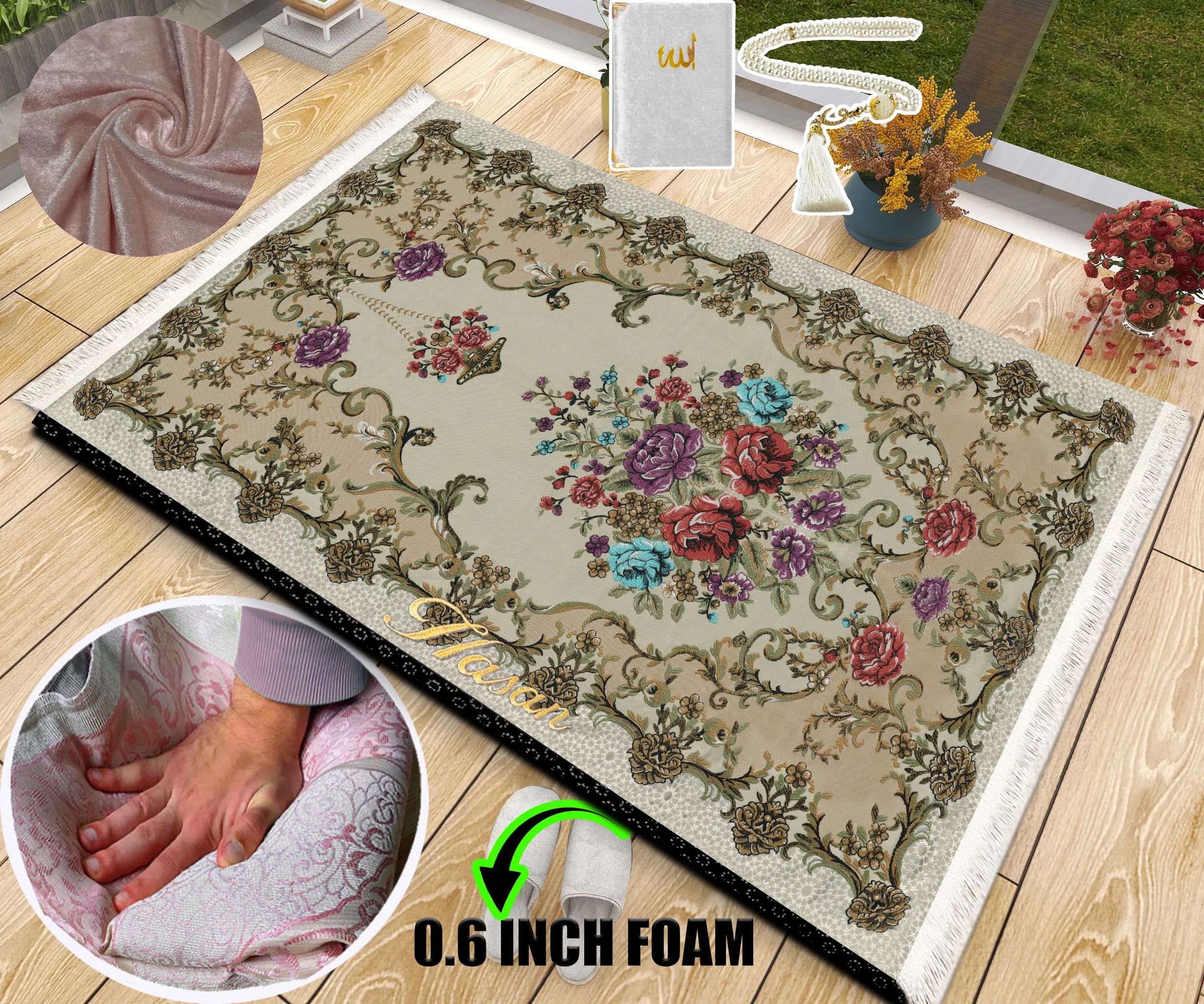 

Extra Thick Foam Padded Turkish Flower Prayer Rug, Luxury Yaseen, Soft Praying Mat Carpet & Pearl Tasbeeh, İslamic Gift Set