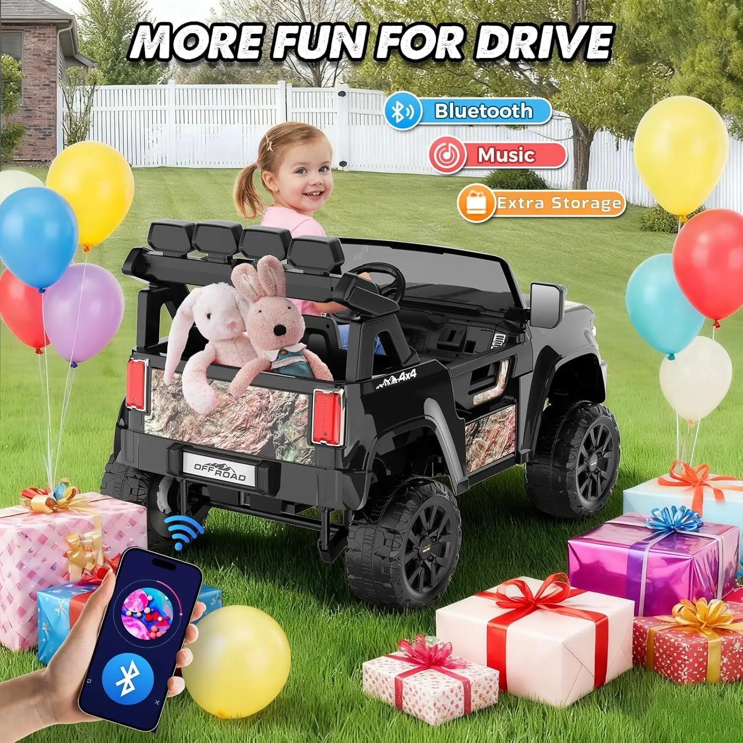 24V elektrische auto voor kinderen 2-zits rit op vrachtwagen met 4x4 krachtige wielen, afstandsbediening, 21" ruime en 4WD/2WD schakelbaar