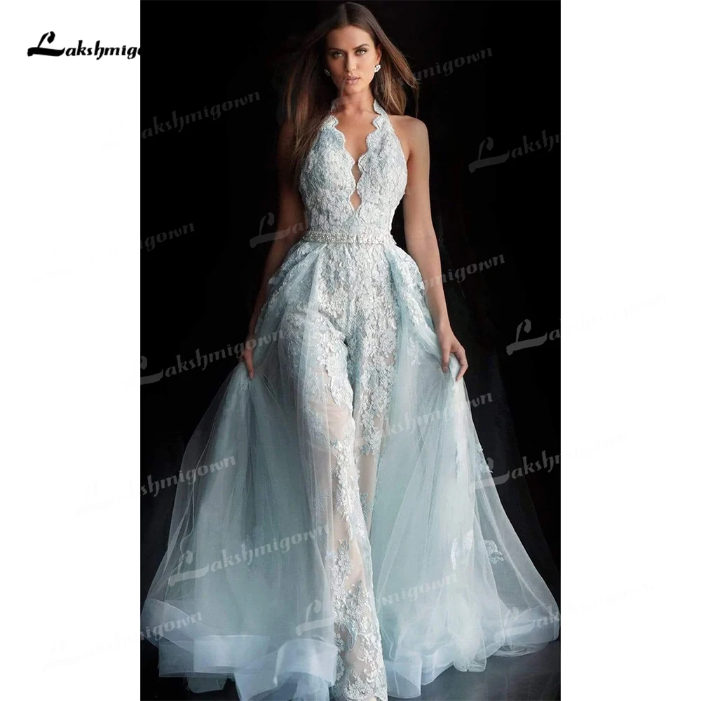 Macacão nupcial completo de renda com trem destacável, vestido sem encosto halter, vestido de casamento branco, vestido de verão, 2023