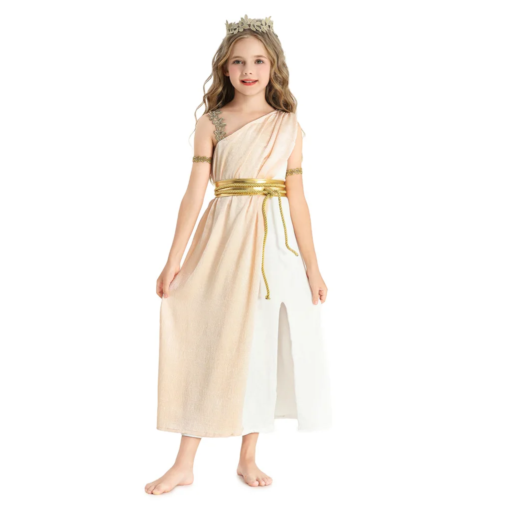 

Golden Ancient Greek Goddess Child Costume Grecian God Toga Dress Halloween Fancy Dress Up Roman Empress Girls Costume