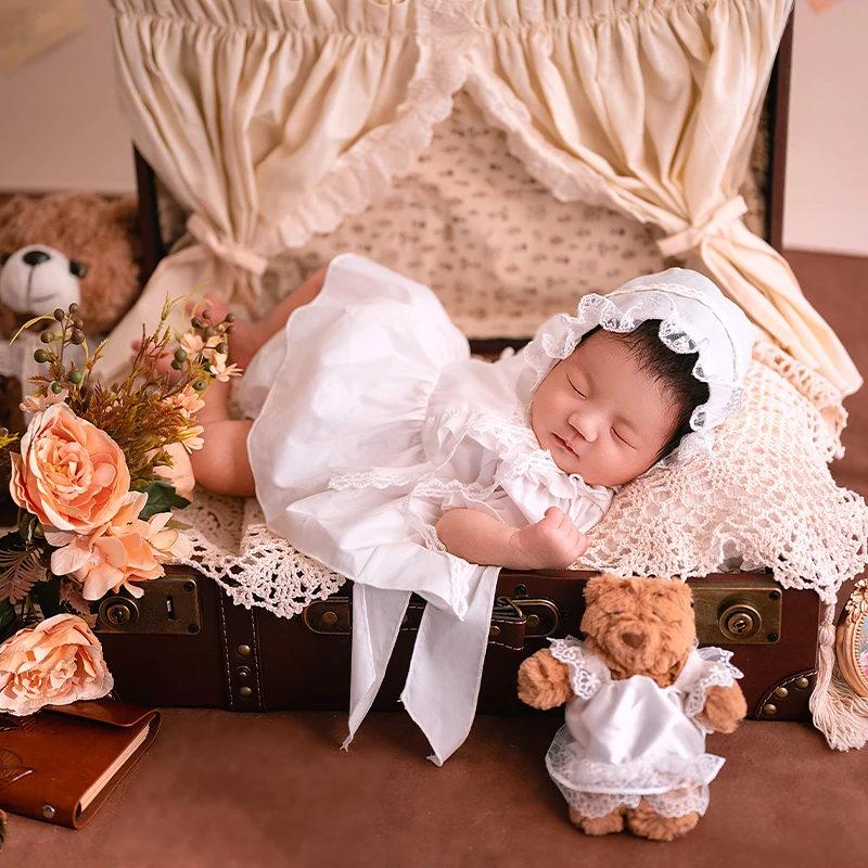 Abiti per fotografia neonato Fascia per capelli in pizzo per neonata + Abito Camicia per neonato + Tuta + Cappello Orsetto Puntelli per scena di nozze