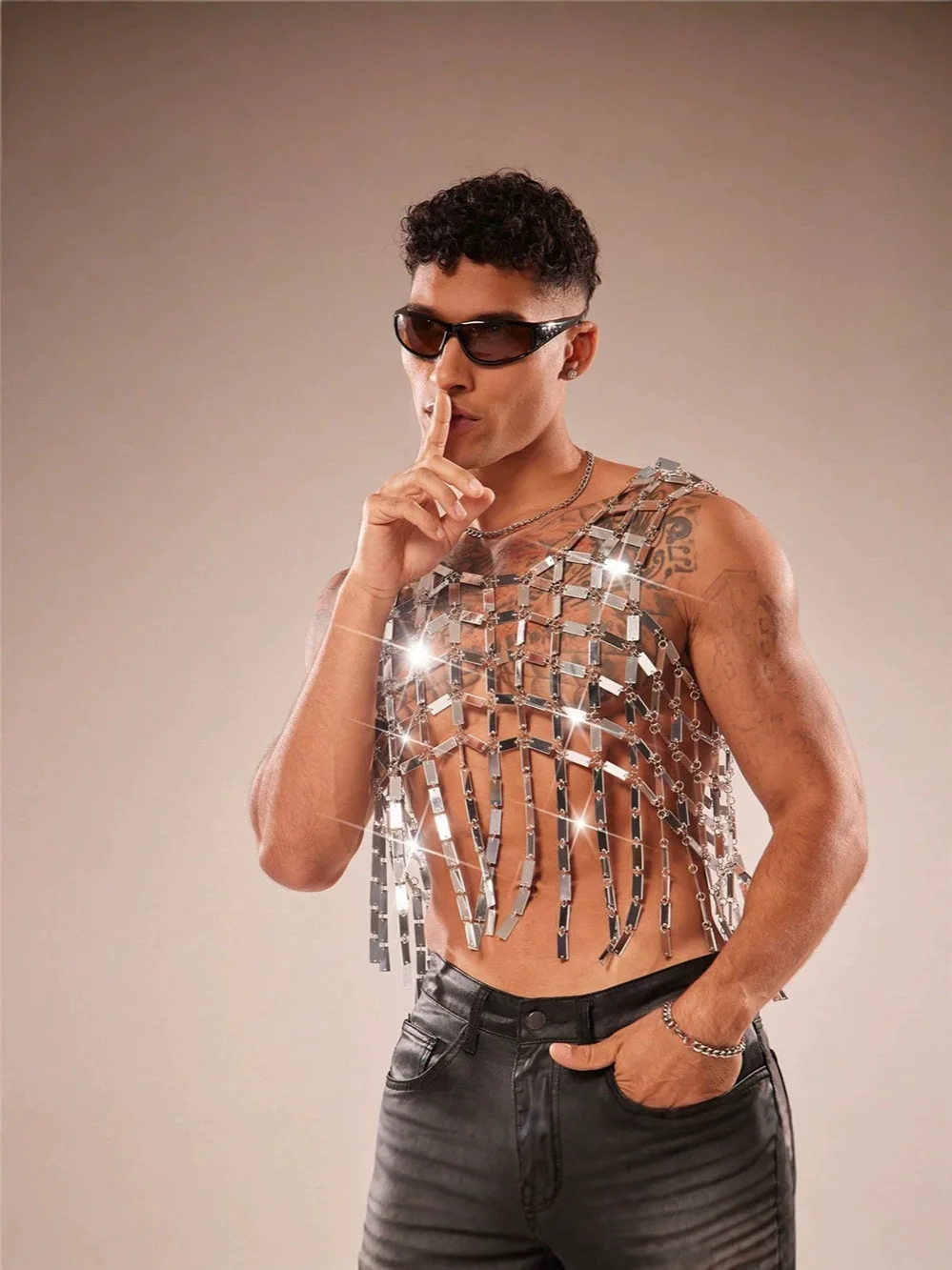 2026 New European And American Men's Acrylic Mirror Metal Vest With Fringe And Silver Sequins Patchwork Outerwear Top