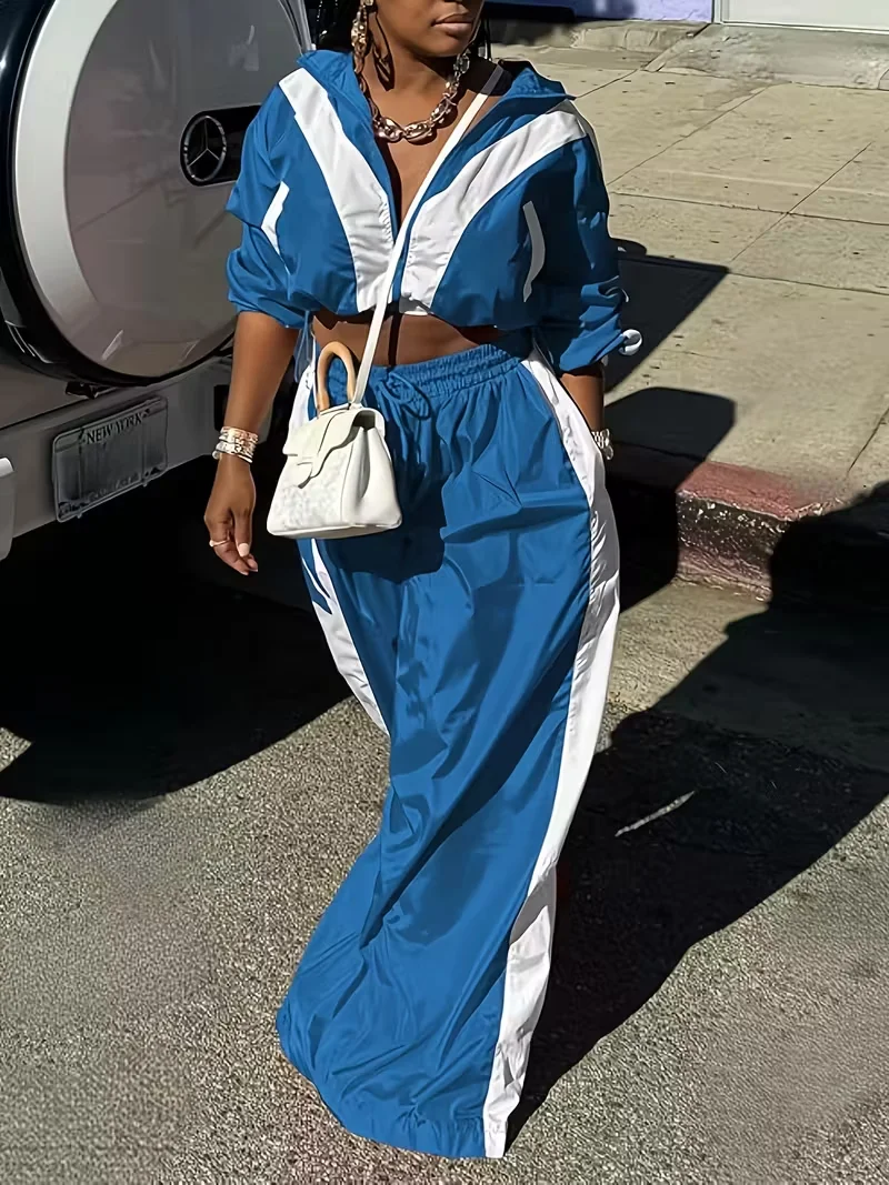 

Women's two-piece set: a zip-up long-sleeved cropped top and drawstring elastic waist wide-leg pants, suitable for autumn (blue)