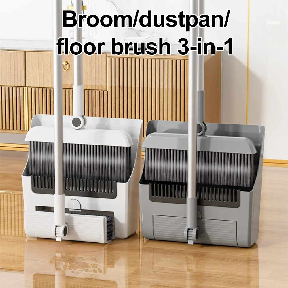 Juego de recogedor de escoba 3 en 1, cerdas gruesas, recogedor de pelo, plegable, ahorra espacio, limpieza de suelo resistente, Combo para el hogar