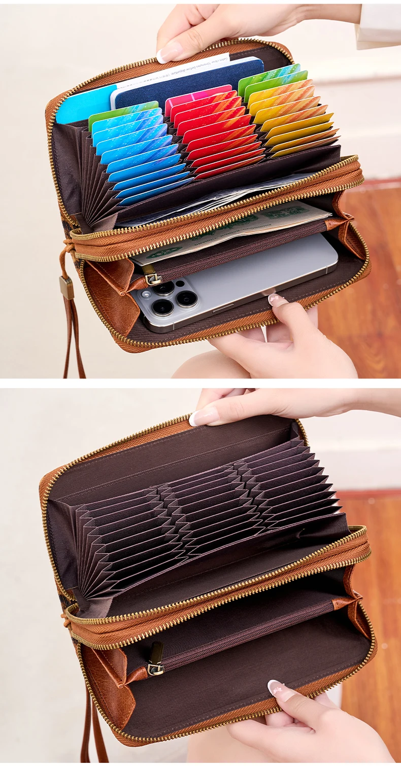 Stilvolle Damen-Langbörse mit Doppelreißverschlüssen, großer Kapazität, Akkordeon-Kartenhalter, Clutch, Retro-PU-Leder-Münzbörse, Unisex – Detail 9