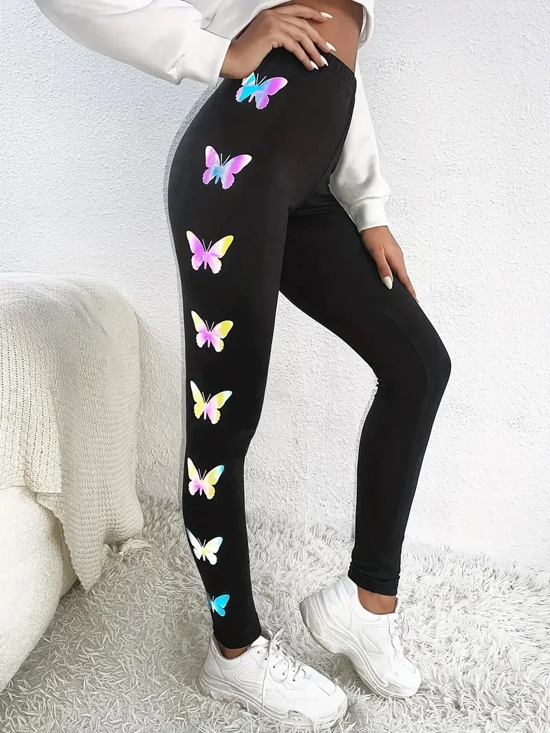 Butterfly print casual stretch everyday wearing tight leggings for women