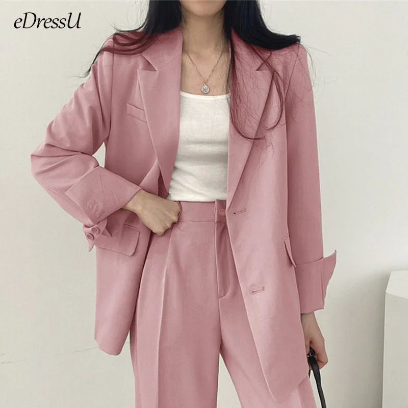 Woman 2PCS Suits Pink Blazer Jacket Long Pants Trousers 2024 Office Lady Two-Piece Single Breasted Business Outwear ZX-828