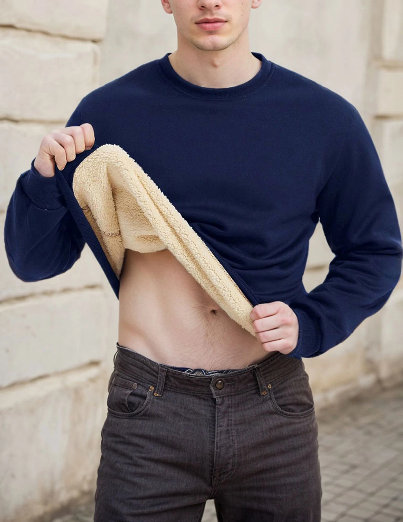 عادية تجريب Crewneck البلوز بلون طويل الأكمام البلوز بلوزات ملابس للرجال شتاء دافئ قمة الرجال هوديي #6