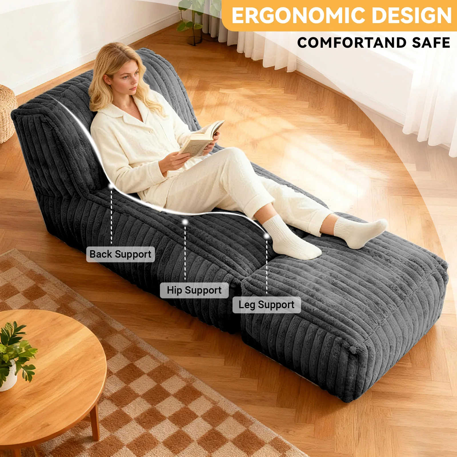 Large Memory Foam Bean Bag Chair for Adults，Big Lounger Sofa Seat for Living Room, Bedroom, or Balcony