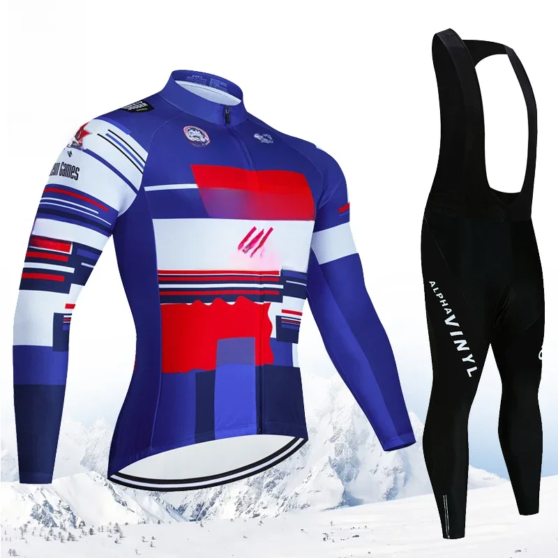 Winter Men's Cycling Outfit Thermal Fleece Jersey Bib Set Costume Bike Mountain Uniform Pants QUICK STEP Mtb Clothing Suit 2024