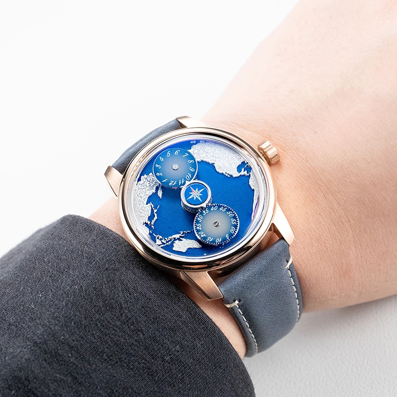 OBLVLO Luxury Brand Earth Dial Mechanical Automatic Watch Creative Three Wheels Blue Luminous Waterproof Watch for Men JM-EARTH