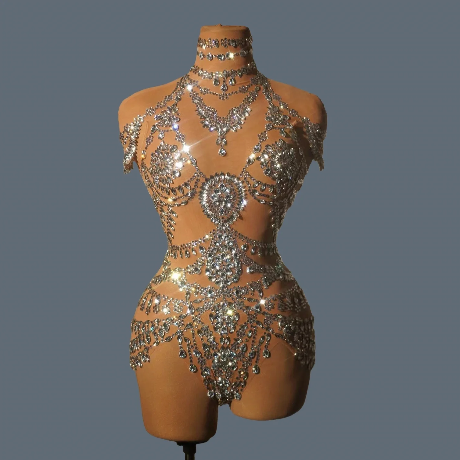 Wysokiej jakości body z kryształkami dla kobiet Sexy Mesh Sheer Dance Stage Performance Costume Singer Party Club Show Bodysuit Wuniang — zdjęcie 2