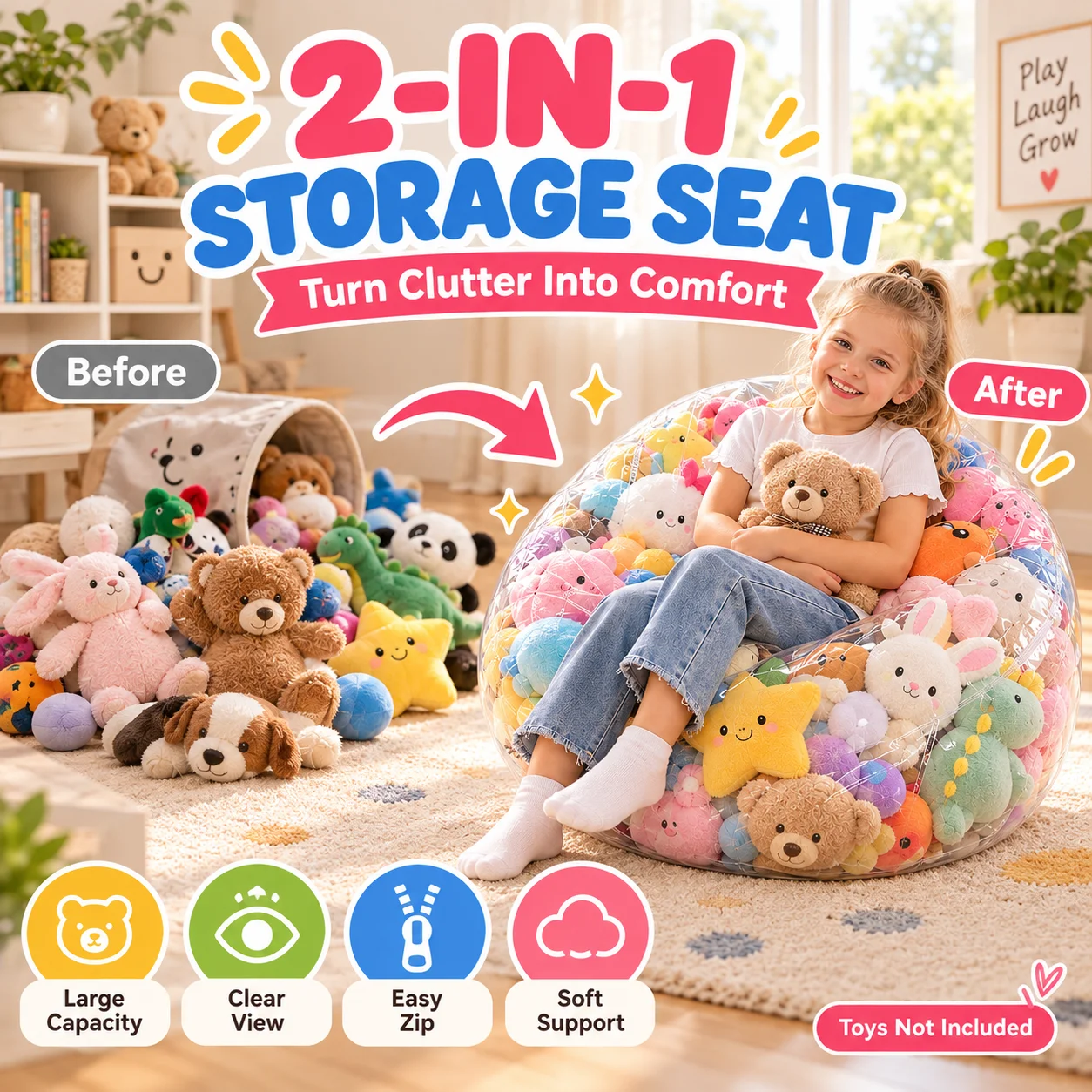 Stuffed Animal Storage Bean Bag Cover Transparent PVC Large Capacity Zipper Toy Organizer, Kids Bedroom Playroom, 4 Styles Sofa
