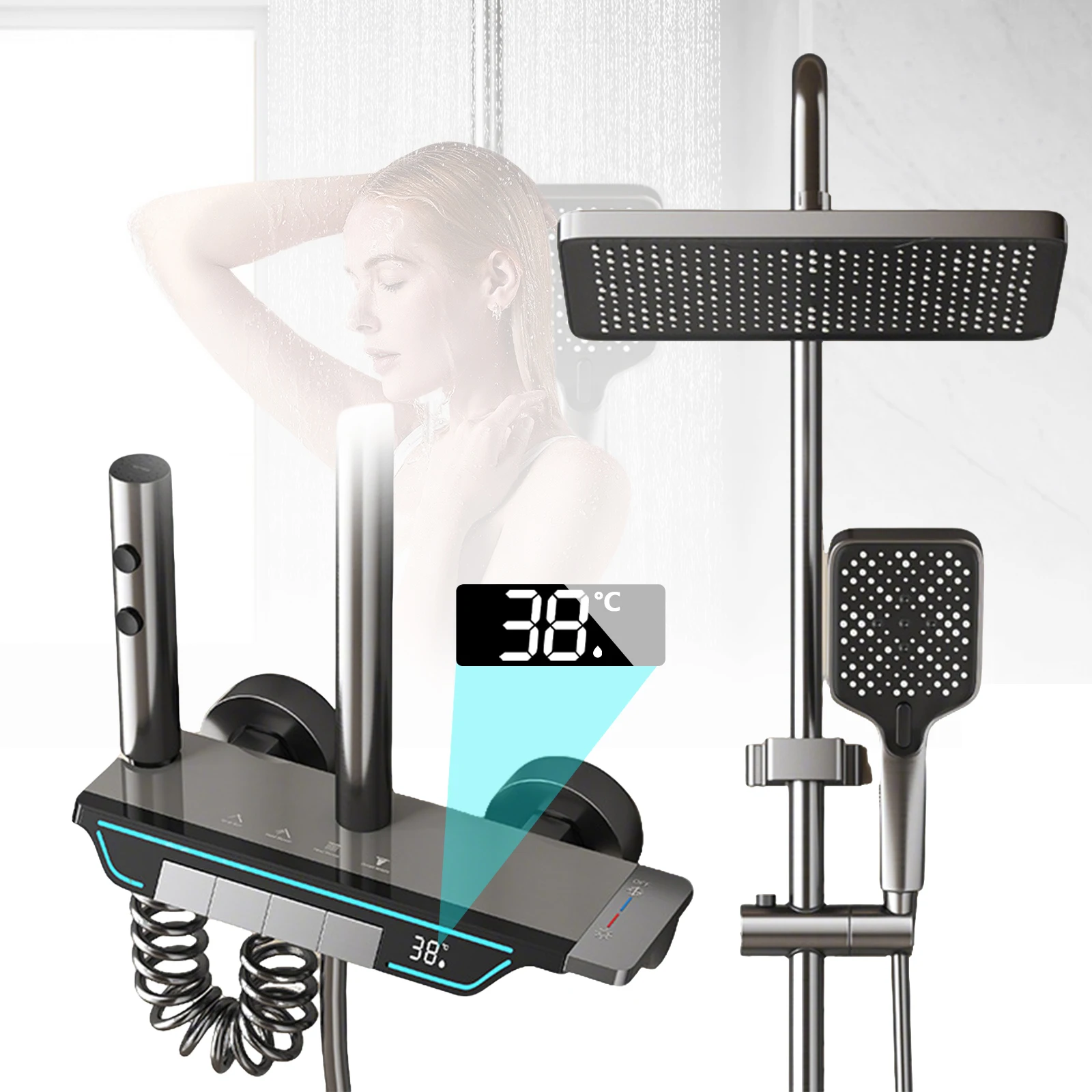 Ensemble de douche thermostatique gris anthracite avec affichage numérique et éclairage LED, commandes à touches piano, système de douche de salle de bain à 4 sorties effet pluie