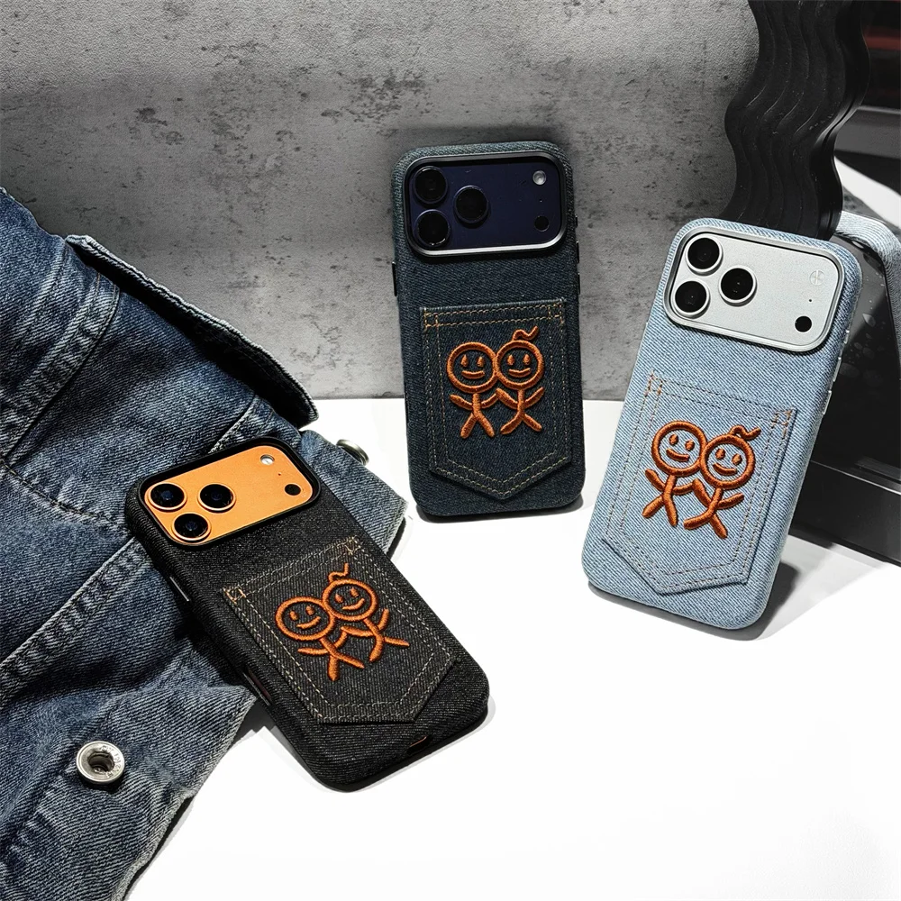 Korean Fashion Cartoon Denim With Card Holder Phone Case for iPhone 15 16 17 15Pro 16 Pro 17 Pro Max Cover Shockproof Funda Capa
