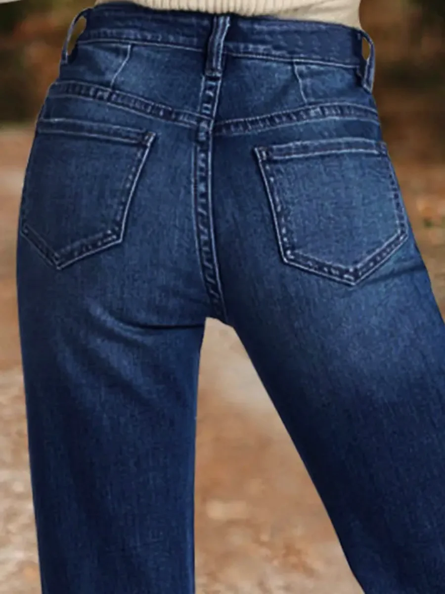 【HME】Women's Elegant Vintage Blue Denim Jeans - Mid-Rise, Bell Bottoms, Stretch Flare, Machine Washable, Decorative Buttons