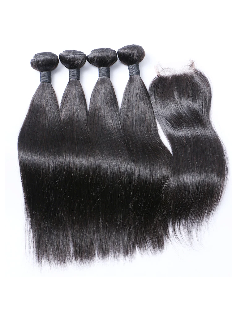 Beaumikala 26 28 30 32 Zoll Glatte Haarverlängerungen mit 4x4 Lace Closure Peruanisches Echthaar Glatte Echthaarverlängerungen mit Frontal Closure Einnäh-Haarverlängerungen