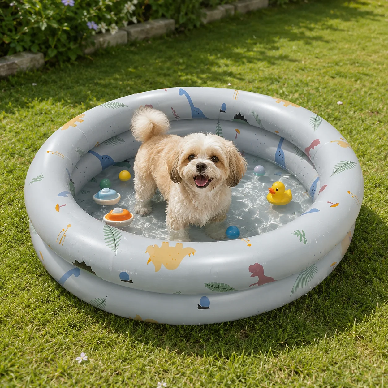 1pc Inflatable Dinosaur Pattern Ball Pool, 2-Ring Round Paddling Pool for Indoor Outdoor Water Play and Pet Bathing