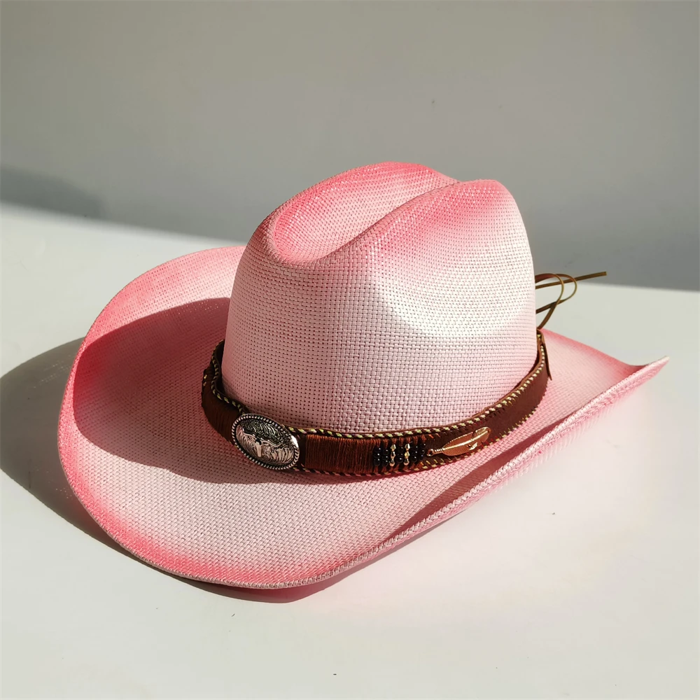 Men Stiff Straw Cowboy hat women Pasture straw hat cowgirl Color gradient straw hat beach summer Sun hat sombrero vaquero hombre