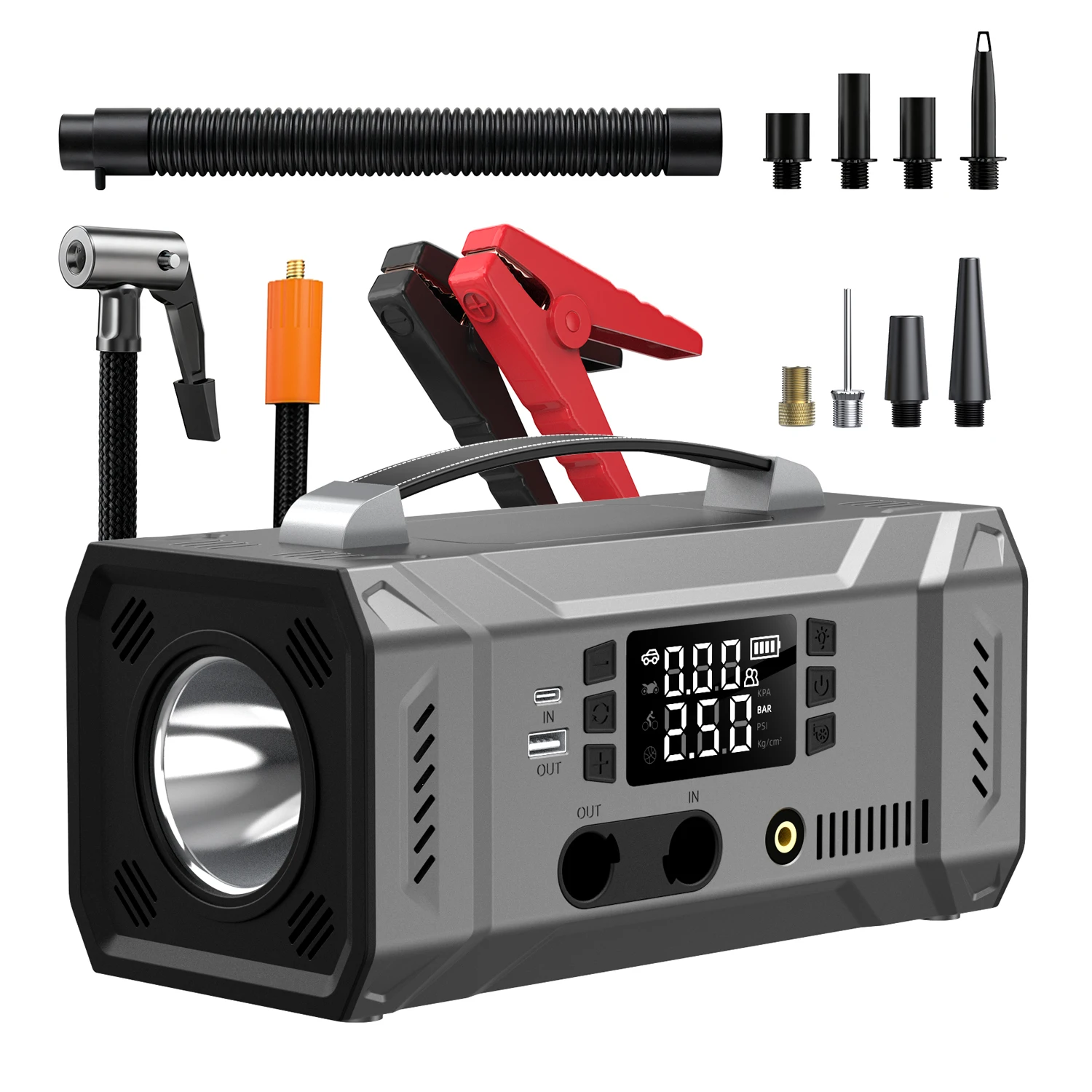 Arrancador de Coches Portátil de 10000mAh y 12V con Inflador de Neumáticos de 180PSI, Compresor de Aire, Potenciador de Batería, Banco de Energía, Luz LED y Medidor de Presión de Neumáticos