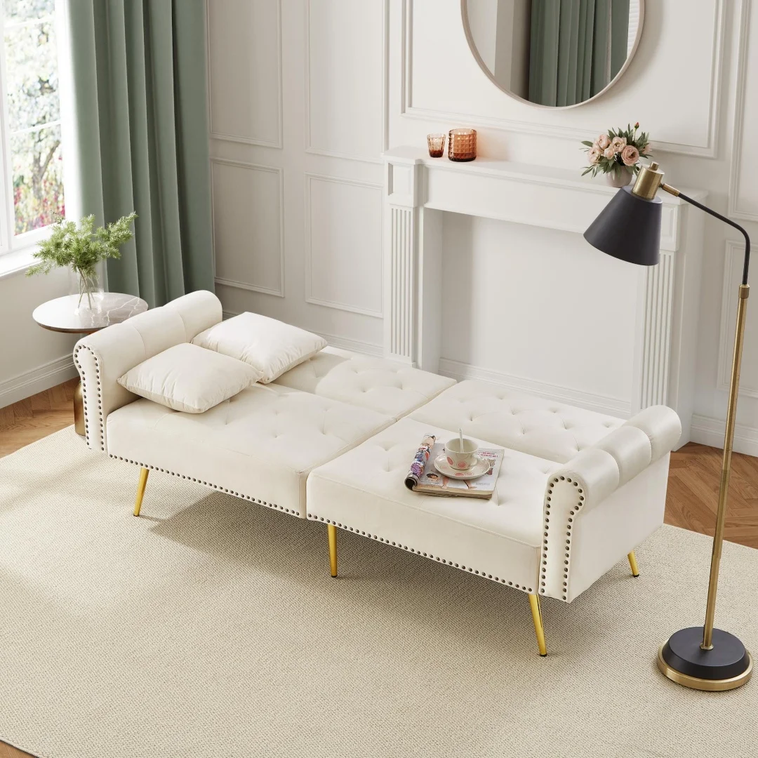 Sofá Cama Moderno de 2 Plazas – Tapizado en Terciopelo, Respaldo con 3 Niveles de Ajuste y Patas Metálicas Doradas – Sofá Elegante con Sc