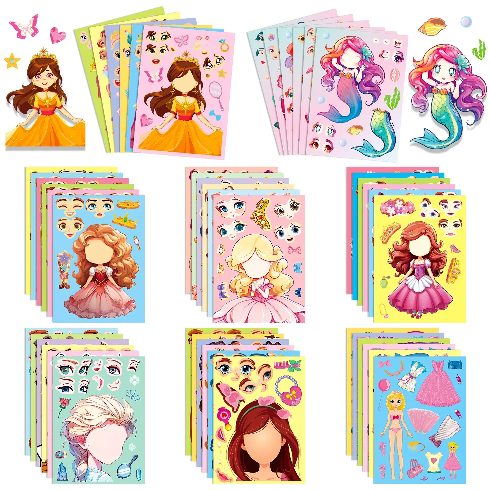 6-42Sheets dzieci naklejki układanka do samodzielnego złożenia gry 6 księżniczka syrenka śmieszny montaż naklejki układanki zabawki edukacyjne dla dzieci — zdjęcie 2