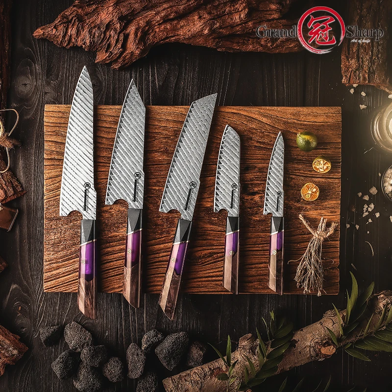 Japanese Kitchen Knives 5 Pcs Chef Knife Set 67 Layers Damascus Stainless Steel Cooking Tools Orange Purple Handle Premium Knife