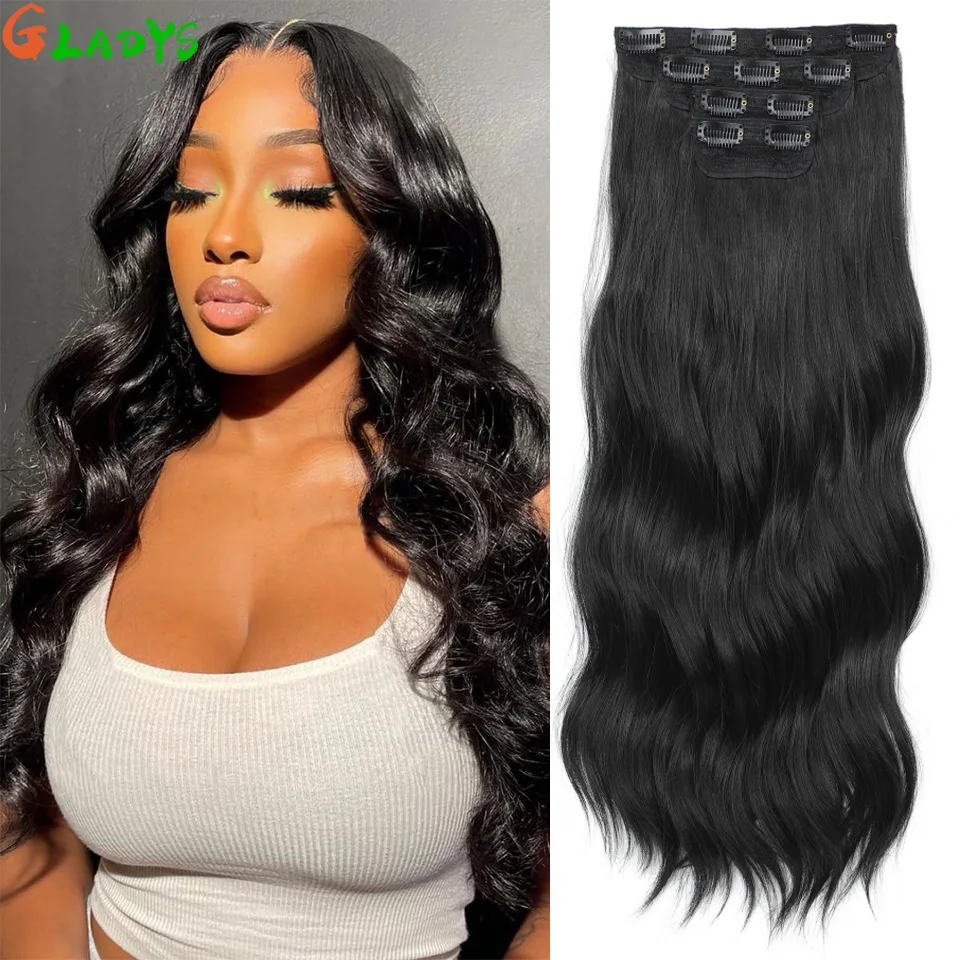 

Gladys 55cm Clip Ins Synthetic Hair Extensions High Temperature Fiber Extension Body Wave Black Clip Ins Daily Use Hair Pieces