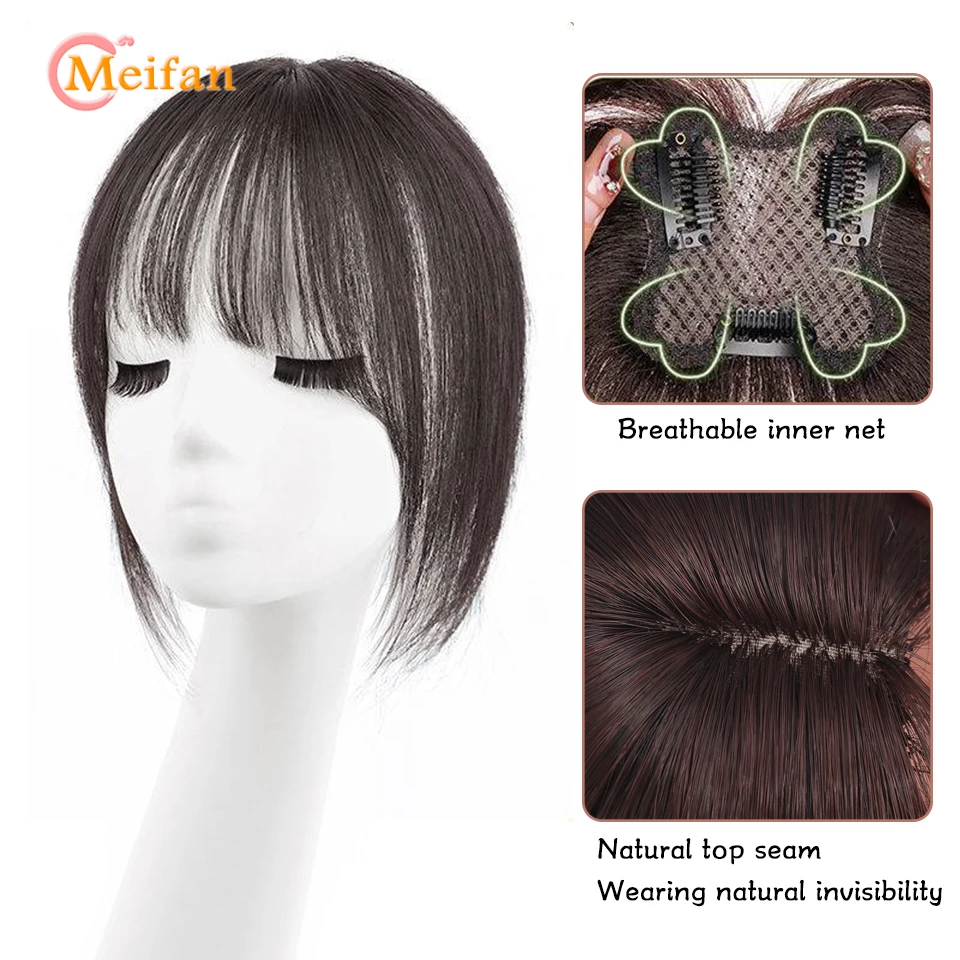 MEIFAN Synthetic Long Straight Topper Hairpiece with Bangs Clip-In Bangs Extension Natural Invisible Clourse Hairpiece for Women