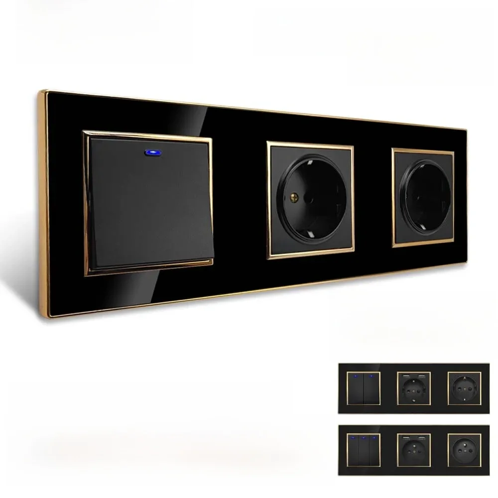 Wallpad 258 * 86 mm Potrójny czarny panel akrylowy Złota obramowanie Przełącznik światła Wskaźnik LED Gniazdo USB EU 5 6 7 8 Gang 2 Way — 2