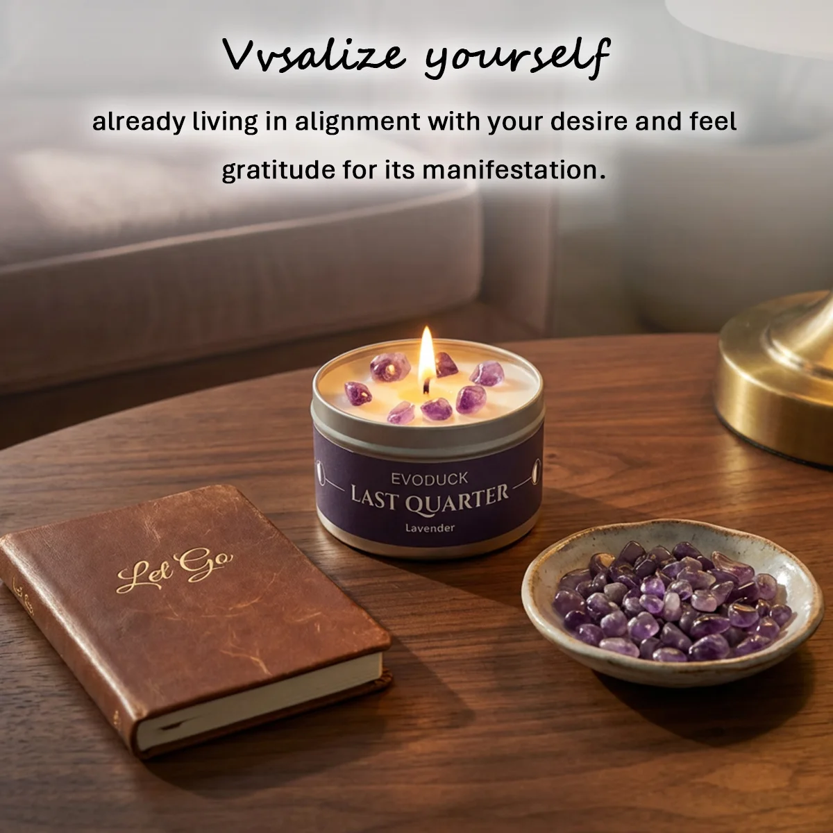 Waning Moon Scented Candle Soy Wax Lavender Scented Candles Silver Tin with Purple Crystal Chips Bestfriend Gifts Gift for Woman