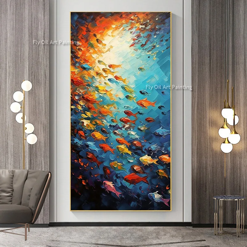 New Navy Blue Deep Ocean View Canvas Thick Oil Painting Hand Painted Yellow Red Orange Fishes Wall Art Decor For Living Room