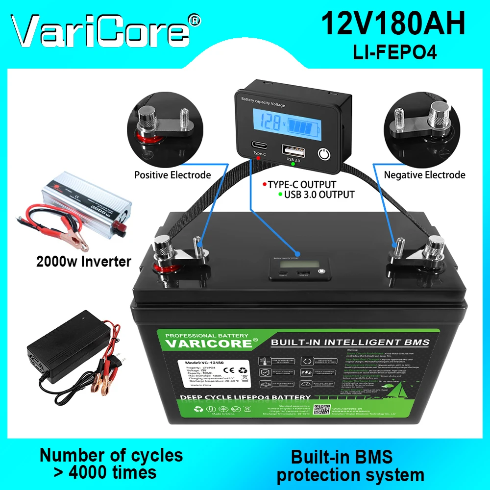 Batterie VariCore 12.8V 180AH LCD LiFePO4 4S avec BMS intégré au lithium-fer-phosphate pour trottinette électrique, outils électriques, outils de jardin, véhicules électriques, camping-cars, bateaux marins, moteurs de pêche à la traîne, énergie domestique