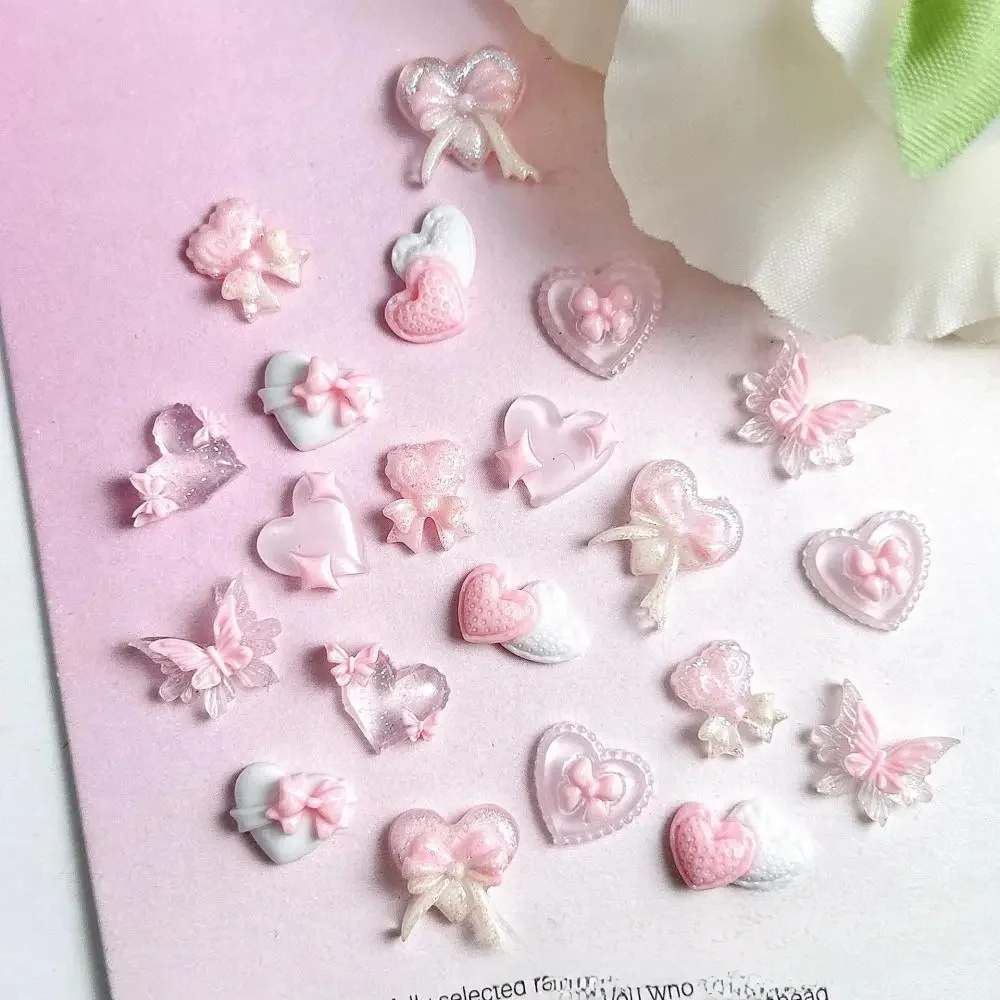Breloques pour ongles en résine, nouvelle série rose, nœud en forme de cœur, 3D, lumineux, Double papillon, cœur de pêche, vent doux, décorations pour Nail Art, DIY