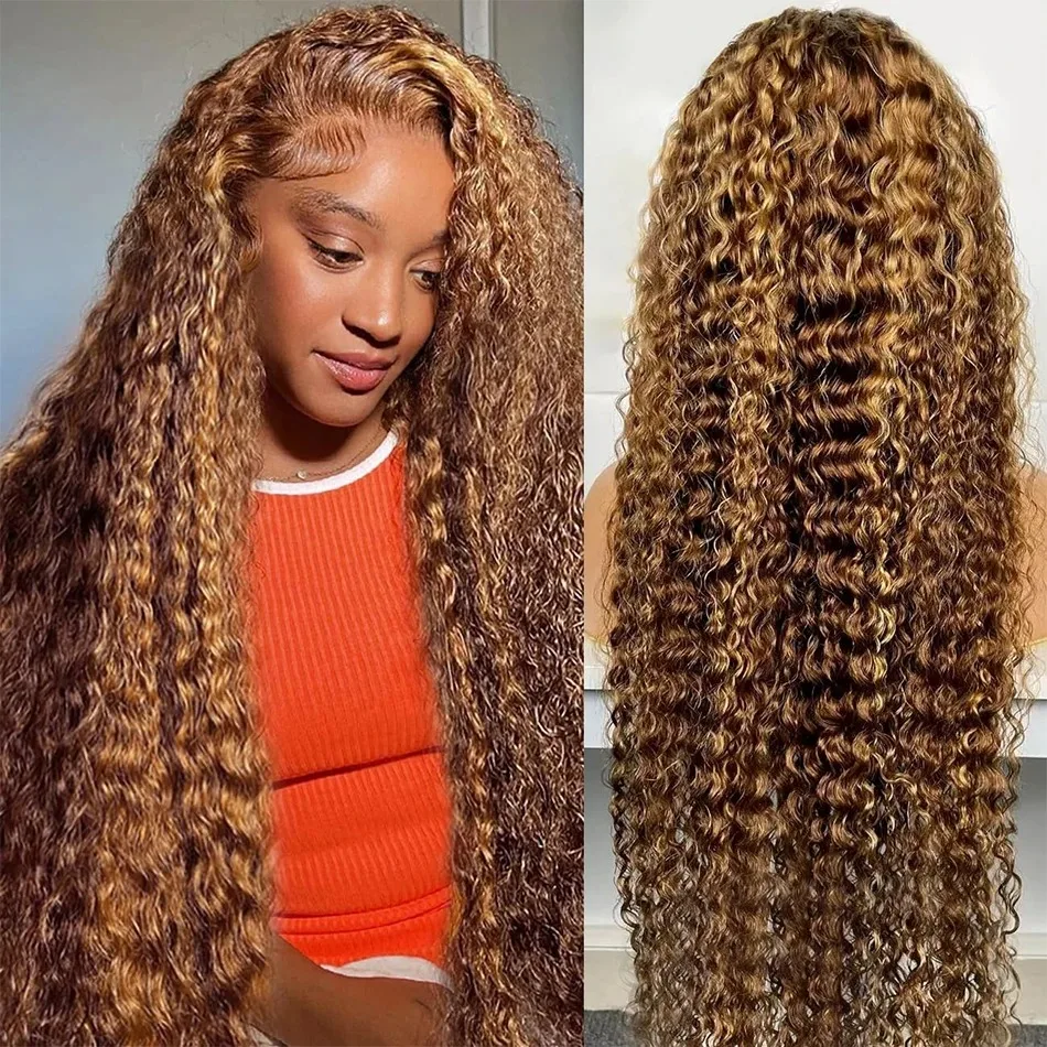 30 40 Inch Highlight Ombre Remy Curly 200 Density Transparent Lace Front Human Hair Wig 13x4 Colored Deep Water Wave Frontal Wig