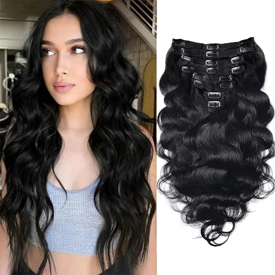 Extensions de cheveux humains Body Wave à clipser pour femmes, extension de cheveux brésiliens à clipser, tête complète, 8 pièces, 120 g/ensemble