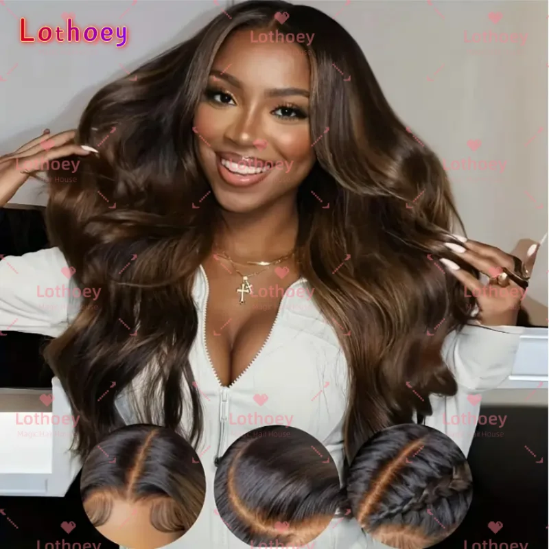 Ombre Brown Body Wave Wig - Glueless Pre Cut Lace Front Human Hair Wig - Chestnut Brown with Dark Roots Loose Wave Pre Bleached