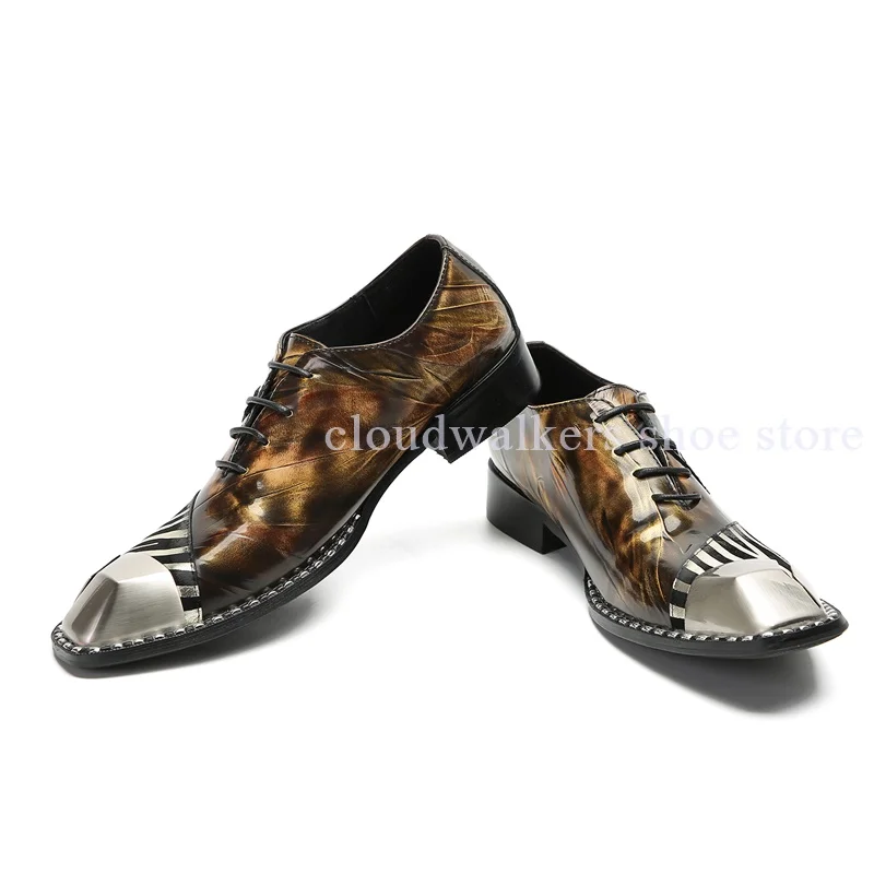 Men's Distinctive Patchwork Design Silver Metallic Square Toe Leather Shoes Business Fashion Sense Lace Up Flat Leather Shoes