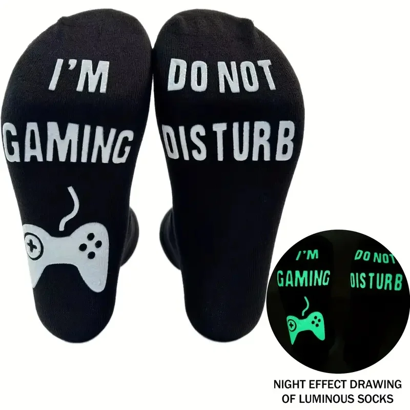 2 Paar rutschfeste Unisex-Bodensocken im Dunkeln leuchtende bis zur Mitte der Wade mit dem Design „Störung nicht, ich spiele spielen“ – schweißabsorbierende und atmungsaktive, personalisierte