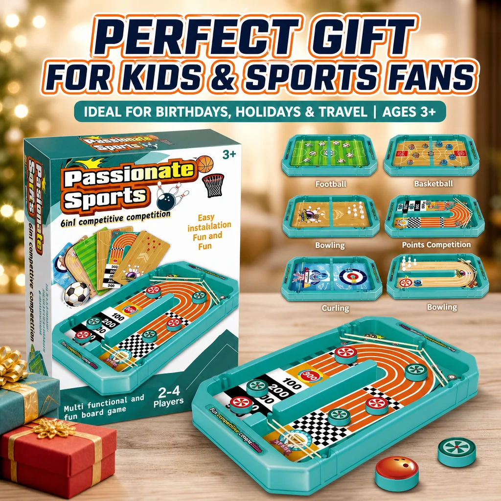 Board Game Football - 6-in-1 Tisch-Sportspiel: Slingshot, Curling, Bowling, Fußball,