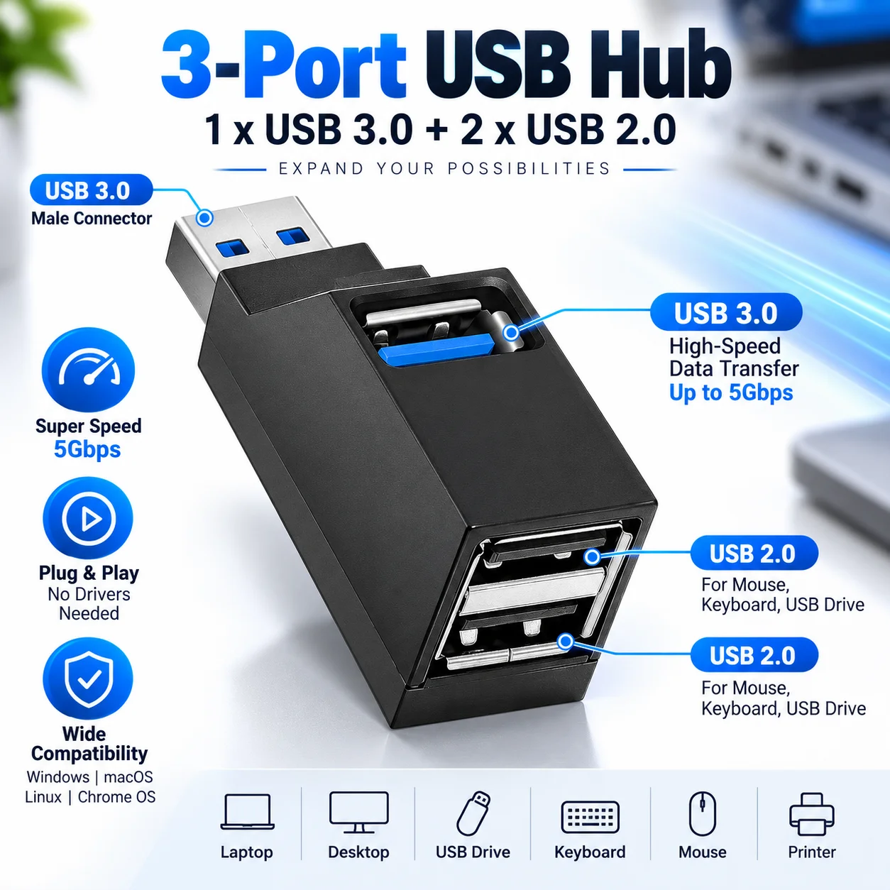 3 Port USB 3.0 Hub Extender for Pc Laptops USB 2.0 Splitter 3-Way Charger Otg U Disk Dock for Mouse Keypad Adapter Accessories